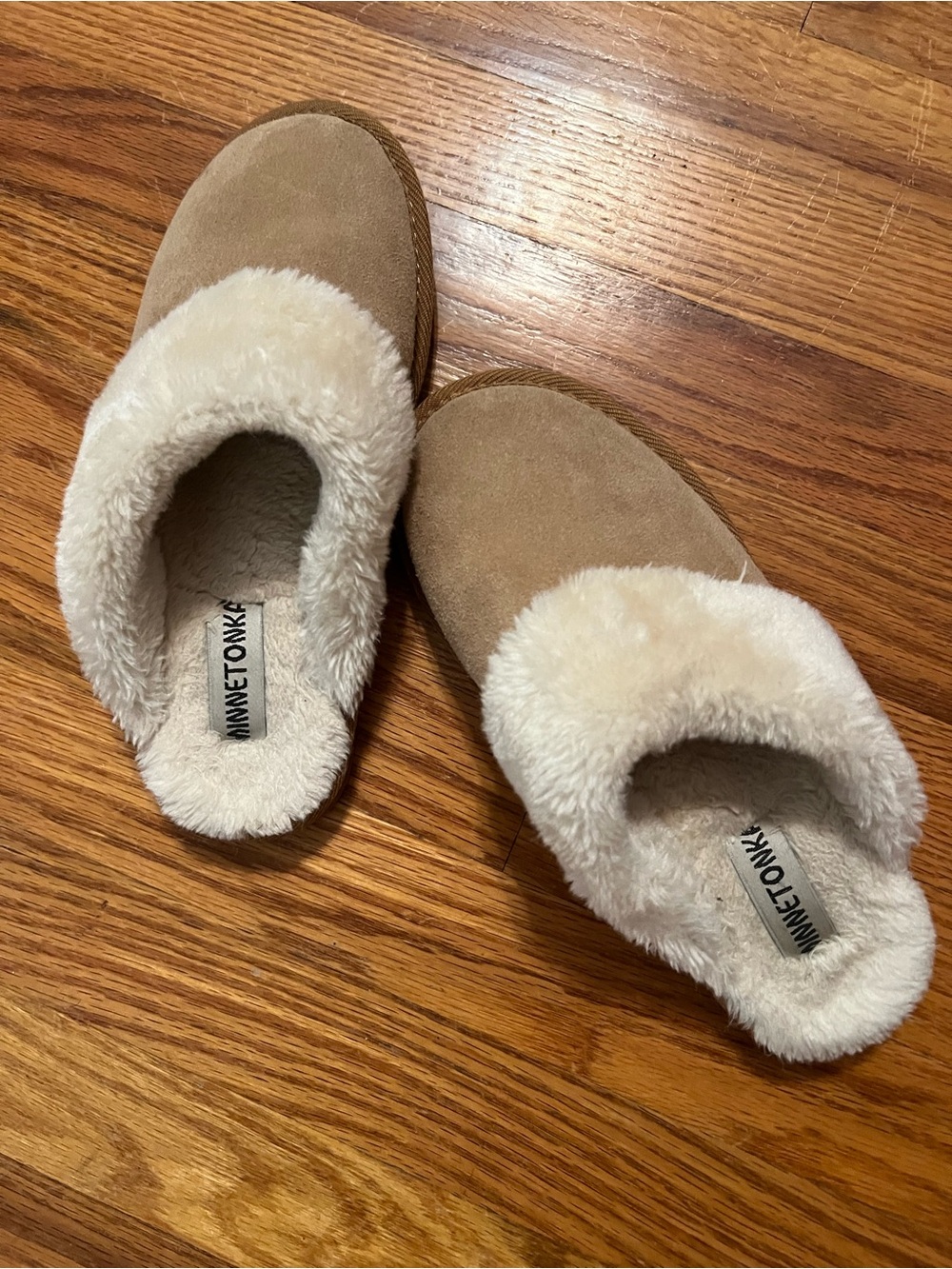 Minnetonka Tan Suede Faux-Shearling Clog Slippers